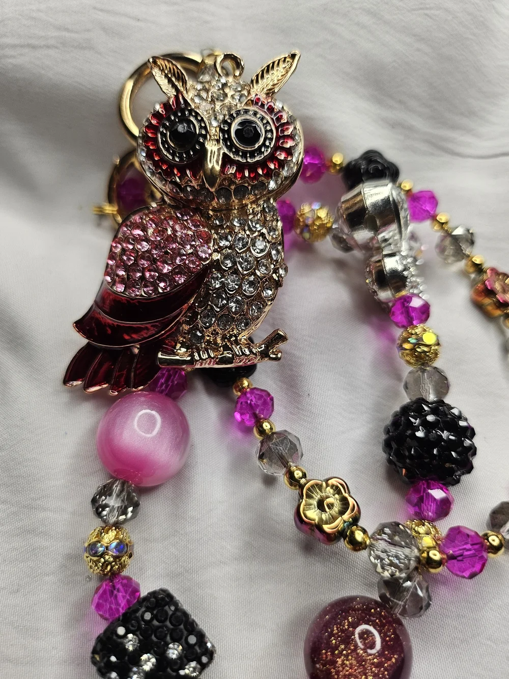 Gold Owl Charm Bag Chain in Pink and Black - Women Jewelry